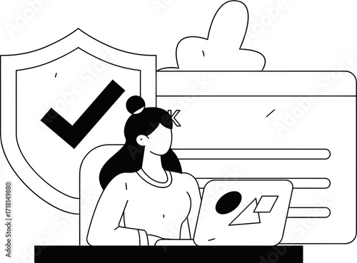 Confident woman secures financial transactions online with laptop protected by shield and credit card, emphasizing digital safety and secure payments for modern commerce.