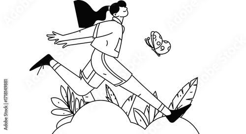 Joyful young woman in dynamic motion chases a vibrant butterfly through a stylized natural landscape, embodying freedom and aspiration