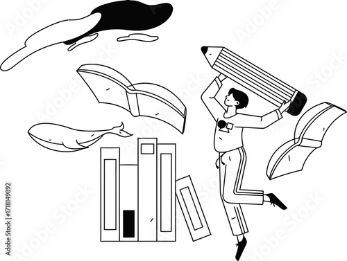 Creative individual leaps with giant pencil surrounded by floating books and abstract shapes, symbolizing imagination, learning, and inspiration for storytelling and artistic endeavors.
