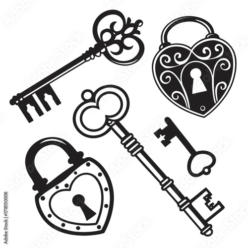 Collection of Heart Locks and Vintage Keys Graphics