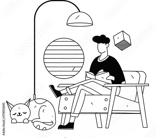 Relaxed person enjoying quiet time reading a book with a sleeping cat beside them, evoking cozy, peaceful moments at home and personal downtime.