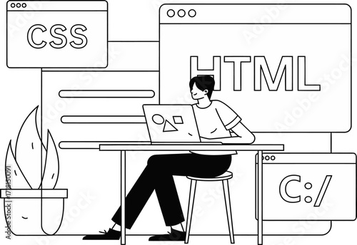 Young developer coding on laptop surrounded by web development languages like HTML CSS and C++ showcasing modern workspace and digital creativity for tech projects