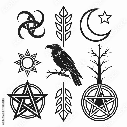 Collection of occult symbols and raven on white background