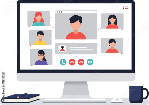 Group video conference for business team collaboration, showing a virtual meeting interface on a computer screen