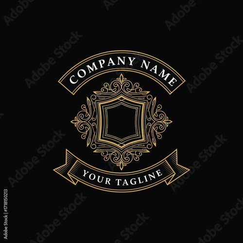 Elegant Gold Logo Design with Ornate Heraldic Shield, Scrollwork, and Banners, Ideal for Luxury Brand Identity, Flat Vector Elements, Vector Illustration, Simple Vector, Stylized Vector Drawing,