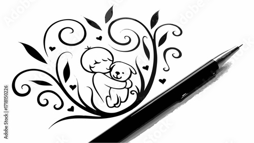 Heartwarming Embrace: A child hugs their dog, surrounded by delicate flourishes, drawn with a pen, evokes feelings of love and innocence