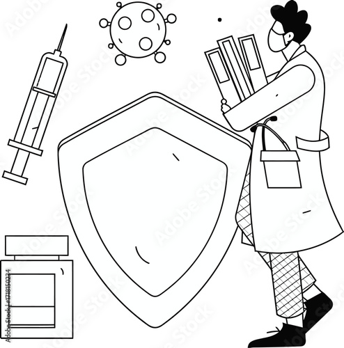 Dedicated medical professional securing vital research data and combating viral threats with advanced protection and scientific innovation