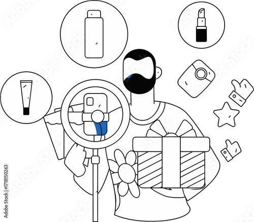 Influencer unboxing delightful surprise gift with beauty products and ring light, ready to create engaging content for social media followers
