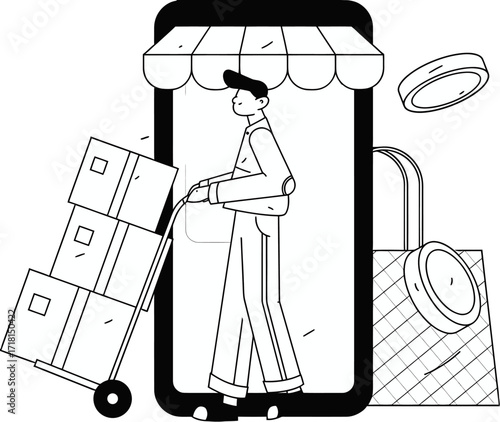 Modern man with trolley full of boxes entering a smartphone store, symbolizing online shopping and delivery convenience with coins flying around.