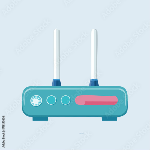 A flat vector illustration of a modern teal Wi-Fi router with two white antennas against a light blue background.