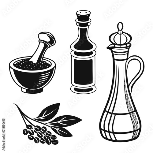 Culinary Illustrations of Mortar Pestle Oil Bottles and Coffee Beans