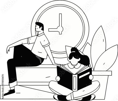 Focused individuals learning and relaxing near a prominent clock, embodying efficient time management and intellectual pursuit for modern life