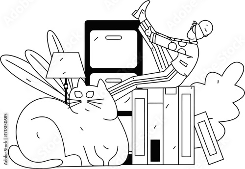 Playful person lounging with a contented cat amidst books and office supplies, embodying relaxed productivity and creative downtime in a modern, stylized scene