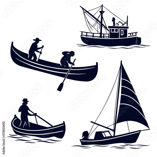 Dark Blue Silhouettes Of Boats And People On Water Keywords: boat, ship, water, sea, ocean