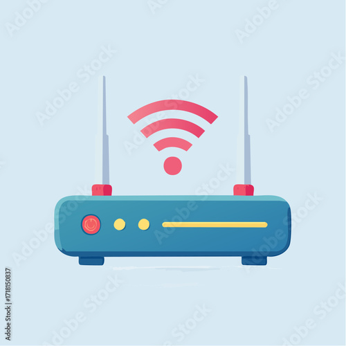 A modern blue wireless router with two antennas and a red Wi-Fi signal icon above it, set against a light blue background.