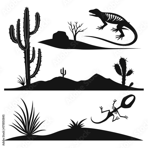 Desert graphic with lizard skeleton and varied cacti