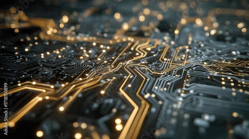 電子回路基板上の光るデータ経路と点滅するライト | Glowing data pathways and blinking lights on an electronic circuit board