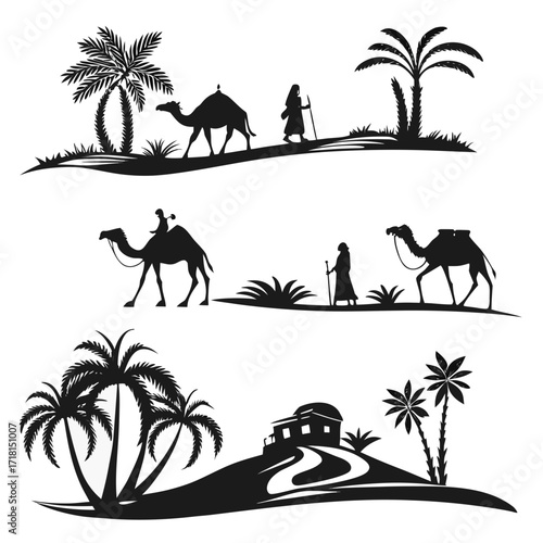 Desert Oasis Silhouettes with Camels and Palm Trees Keywords: camel, desert, silhouette, palm