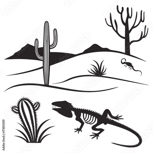 Desert panorama with lizard skeleton and desert flora