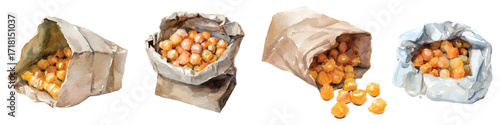 Roasted pile of dried chickpeas snack in paper bag watercolor set isolated on transparent background