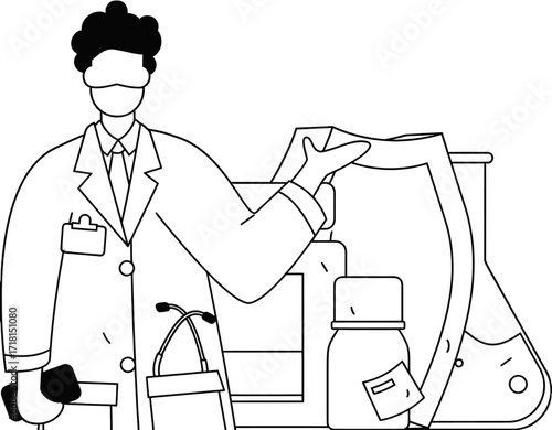 Dedicated scientist in lab coat presenting research findings with beakers and scientific equipment, showcasing innovation and discovery