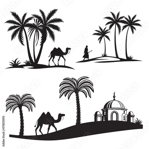 Desert Oasis Silhouettes with Camels and Architecture
