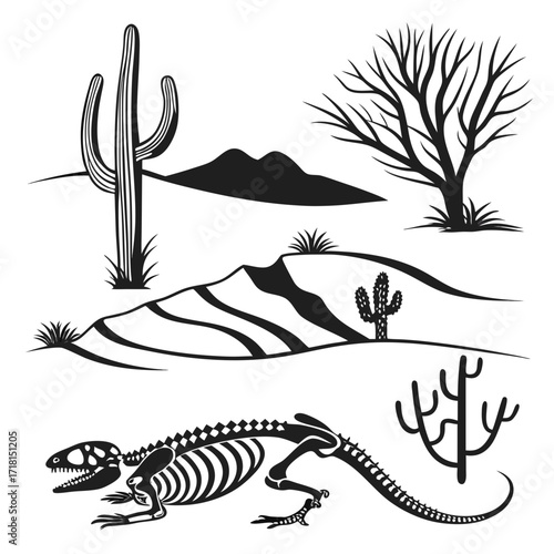 Desert scene with lizard skeleton and desert plants