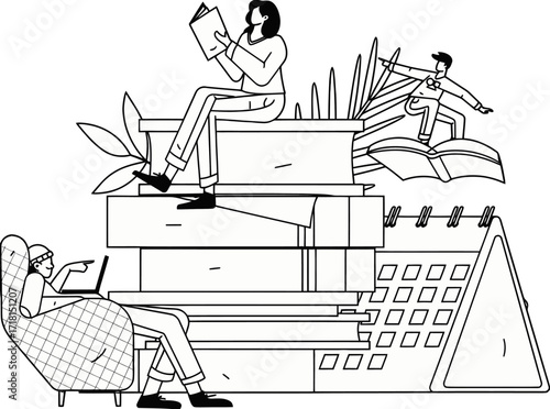 Diverse individuals engaged in learning and creative pursuits amidst stacks of books and a calendar, symbolizing education, knowledge, and planning for future success.