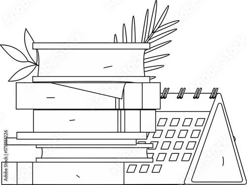 Stack of open books with a tropical leaf and a desk calendar, symbolizing learning, planning, and knowledge acquisition for educational or business projects.