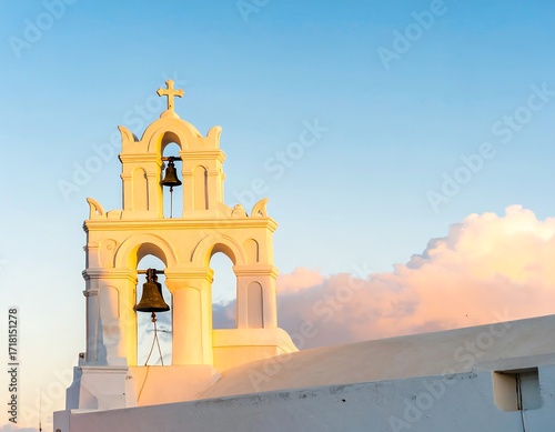 White bell tower at sunset