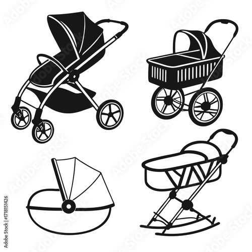 Diverse Baby Stroller and Pram Silhouettes carriage