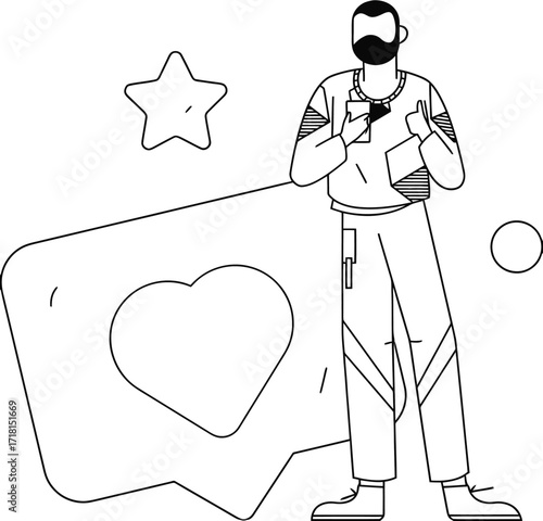 Modern man celebrating social media likes and positive feedback with a thumbs up gesture, representing digital engagement and online success