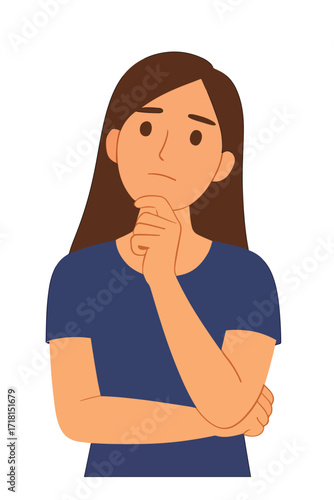 Vector character of woman looking up with thoughtful expression.