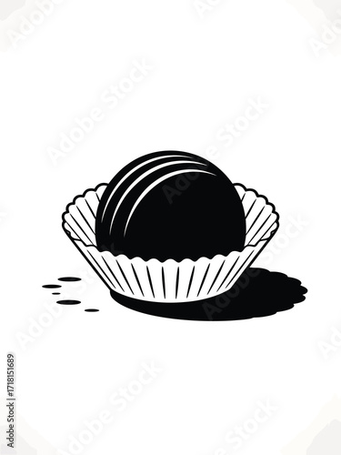 Hand drawn illustration of a single dark chocolate truffle in a wrapper