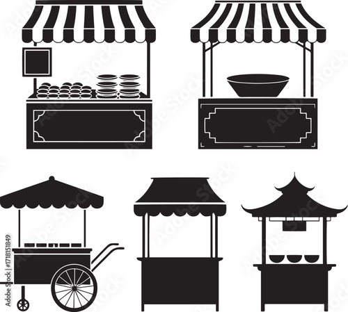 Market Stall Silhouette Collection Diverse Food Kiosks and Stands for Outdoor Events and Fairs