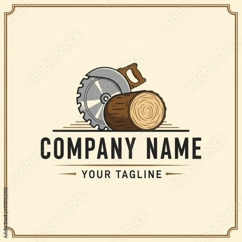 Woodworking Logo Design featuring a Circular Saw cutting a Log, ideal for Timber, Lumber, Sawmill, Carpentry, or Construction Companies, set against a cream background with decorative border., Flat