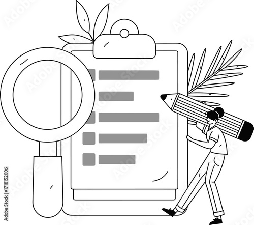Diligently analyzing data and writing reports with a giant pencil and magnifying glass, symbolizing research and detailed analysis for business success and project management.