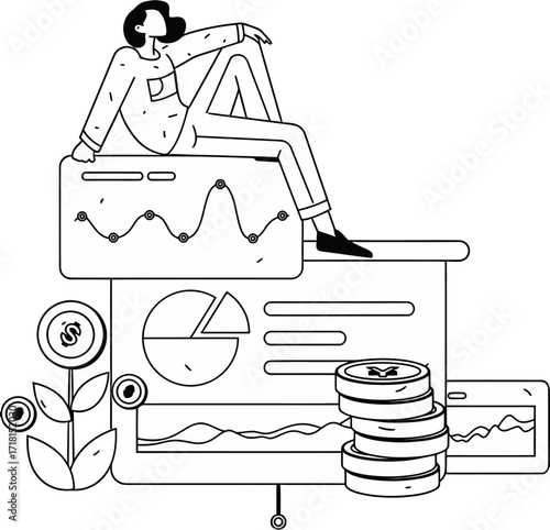 Confident strategist analyzing financial growth charts and stacks of money, symbolizing investment success and strategic business planning for future prosperity.