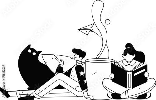 Creative duo finds inspiration and relaxation with a giant coffee mug, a friendly cat, and a paper airplane soaring towards new ideas.