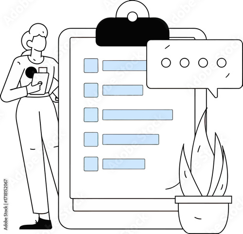Confident professional woman reviews checklist on clipboard, symbolizing task management and project planning in a modern, organized workspace environment.