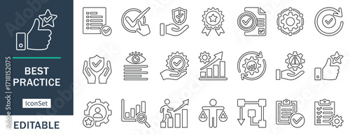 Best practice line icon set. Showing guidelines, standards, compliance, workflow, quality, performance, optimization, safety, ethics and management for business and corporate use.