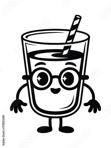 Cute cartoon glass of milk with glasses and arms