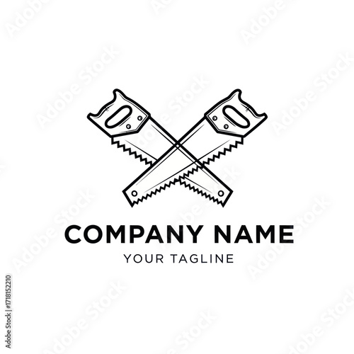Black and white minimalist logo design featuring two crossed hand saws with company name and tagline, ideal for woodworking, carpentry, construction, or DIY businesses, on a clean white background.,
