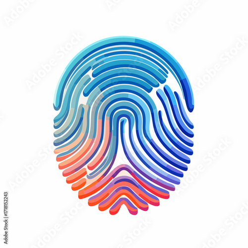 Stylized fingerprint illustration with blue and red gradient lines on white background.