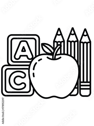 School supplies including alphabet blocks apple and pencils