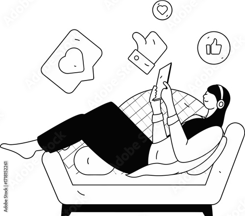 Relaxed person engrossed in smartphone scrolling, receiving likes and hearts, enjoying digital connection and entertainment from a comfortable couch setting.