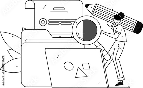 Creative professional meticulously organizing important documents with a magnifying glass and oversized pencil, symbolizing detailed research and strategic planning for business success