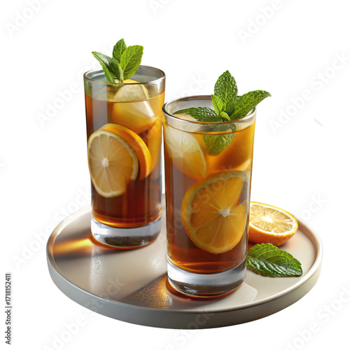 Iced tea refreshing citrus mint beverage isolated on a transparent background drink refreshment