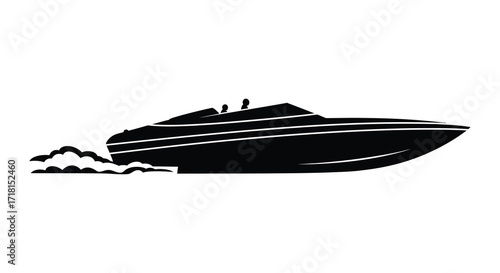 Sleek black speedboat cutting through the water leaving a white wake