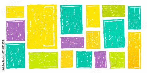 Colorful hand drawn rectangles and squares in a random pattern on white background